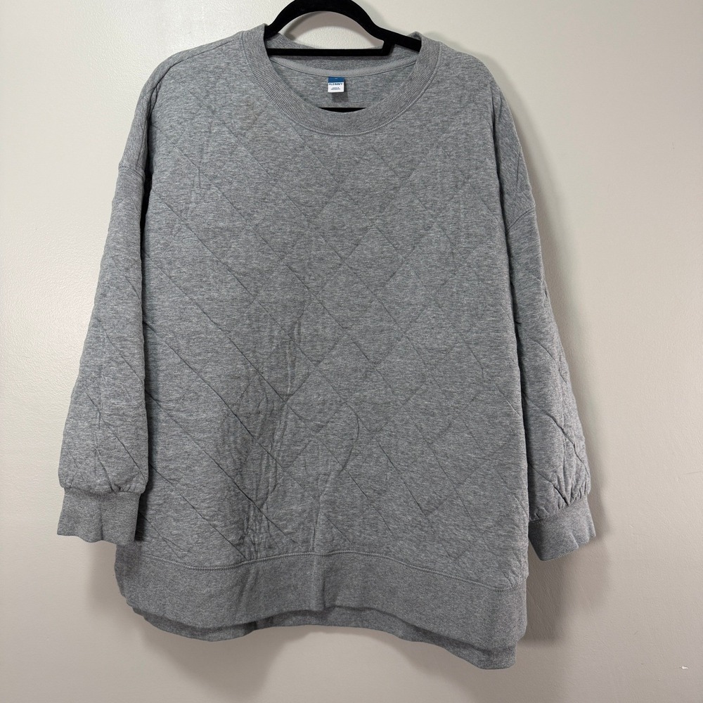 Old Navy Womens XL Gray Quilted Crewneck Sweatshirt Diamond Texture Long Sleeve